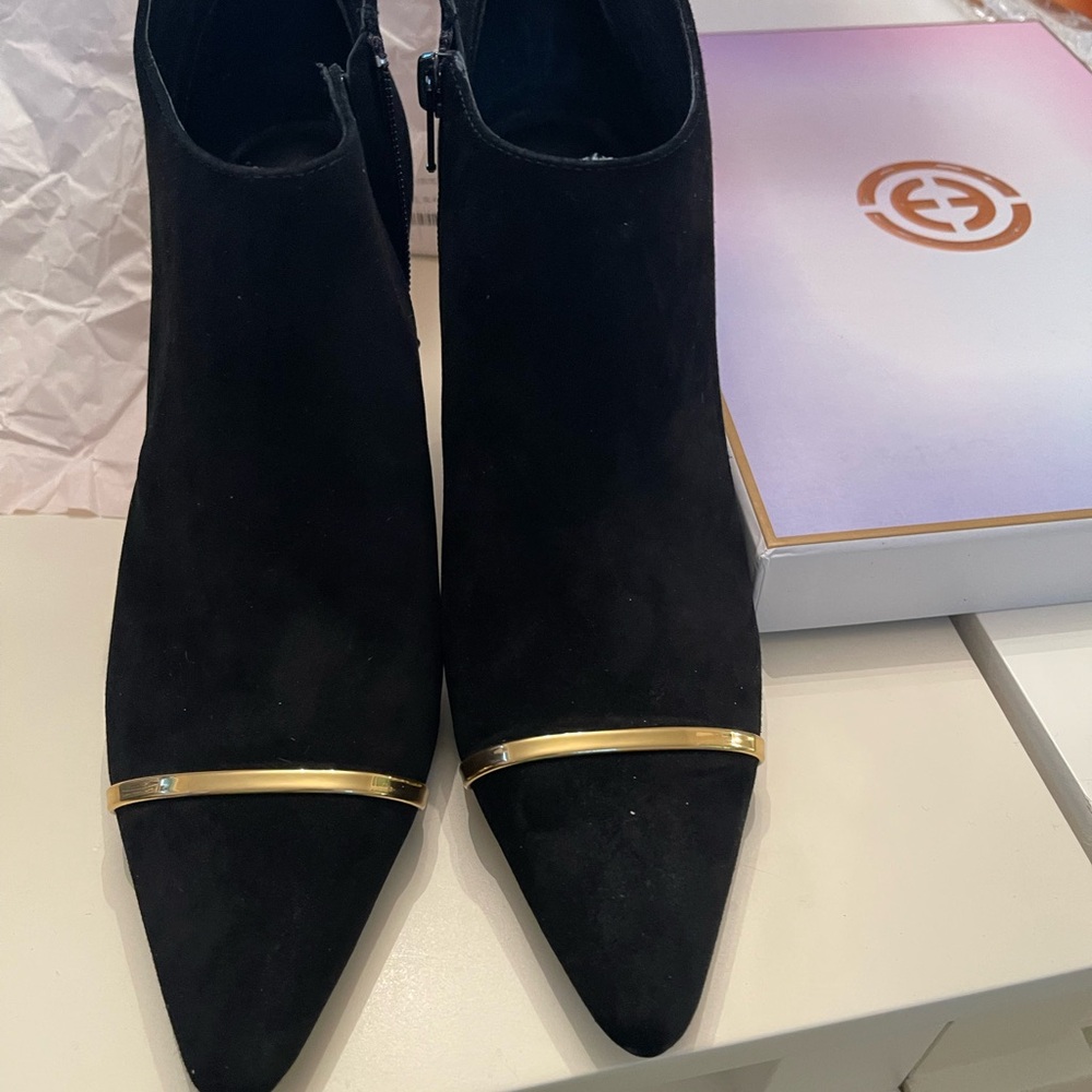 Cecelia New York Black Ankle Booties with Gold Detail